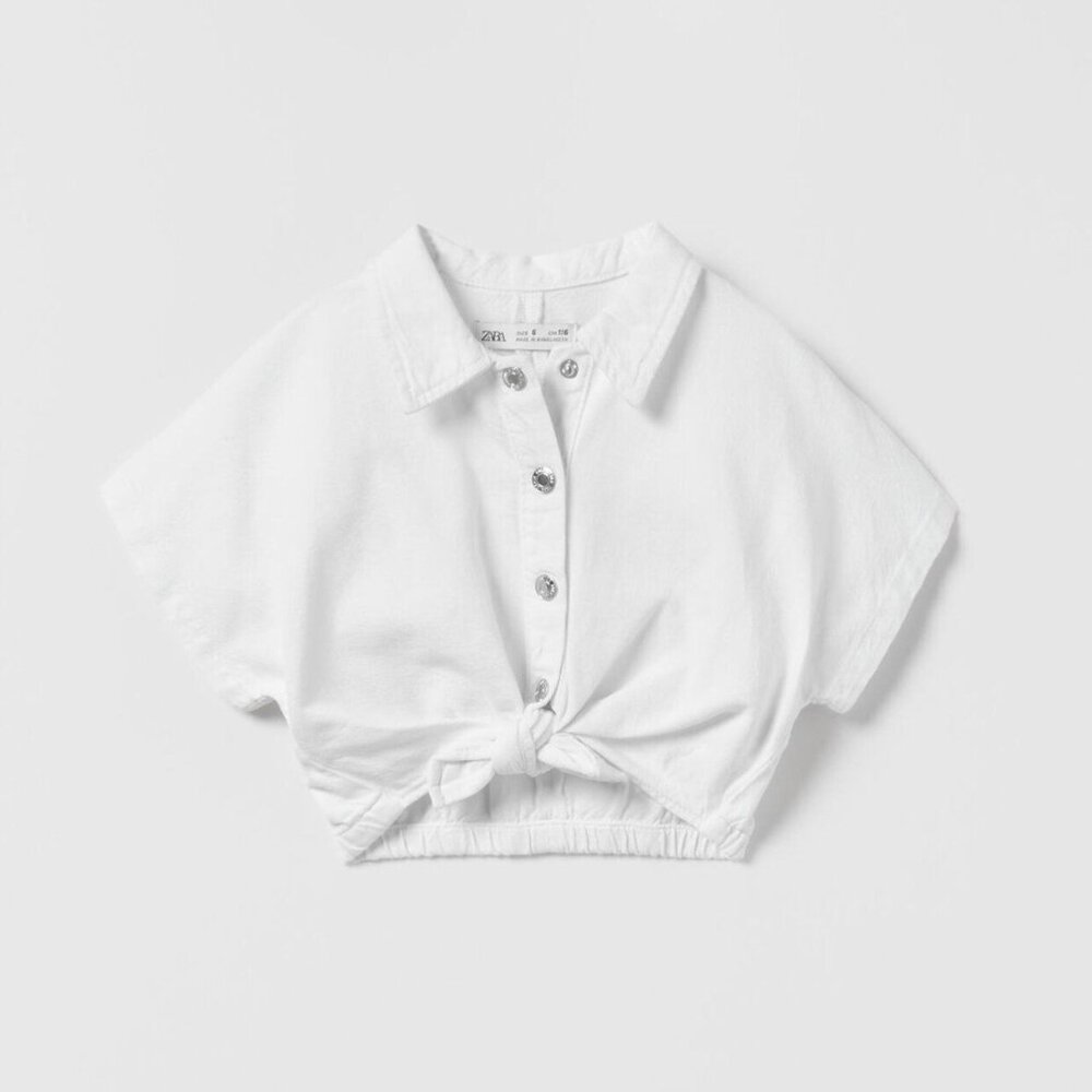Zara White Knotted Denim Shirt